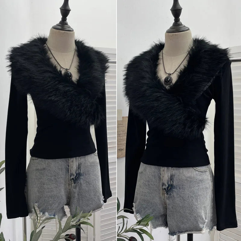 ISAROSE Big Artificial Fur Collar T-shirt for Women Y2K Solid Color V Neck Spring Autumn Sanded Fabric Lining Short Slim Tops