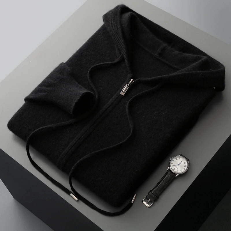 Hot Selling New Style Real Knitted Men's Cardigan Hooded Sweater Loose Full Sleeves Autumn and Winter Men's Pure Wool Sweater