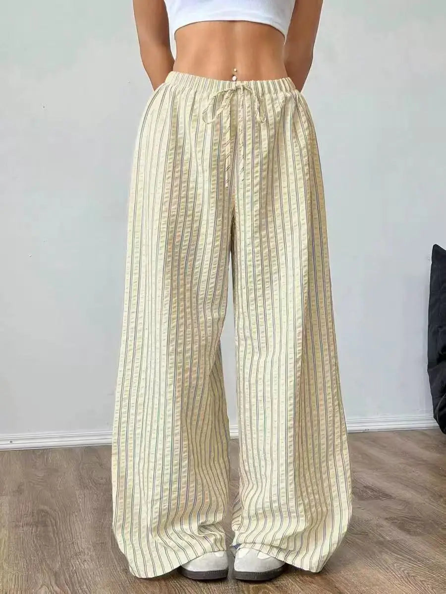 Women's Casual Striped Wide-Leg Pants   Summer Commute Fashion Drawstring Elastic Waist  Versatile Relaxed Straight Leg Trousers