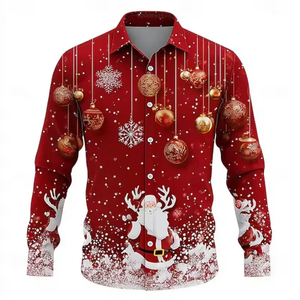 Christmas Festival Theme Men's 3D Printed Formal Shirts Christmas Tree Santa Claus Graphic Long Sleeve Shirt Fashion Men's Shirt