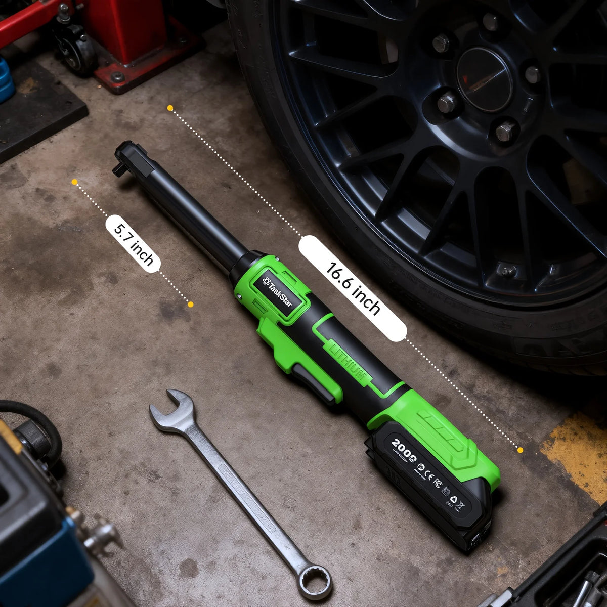 TaskStar 21V Cordless Ratchet Wrench 6.3-inch Extension Bar 70N.m 3/8-inch Electric Wrench with LED Light, 1/4&1/2-inch Adapter, 2 2000mAh Batteries, 8 Sockets, Charger