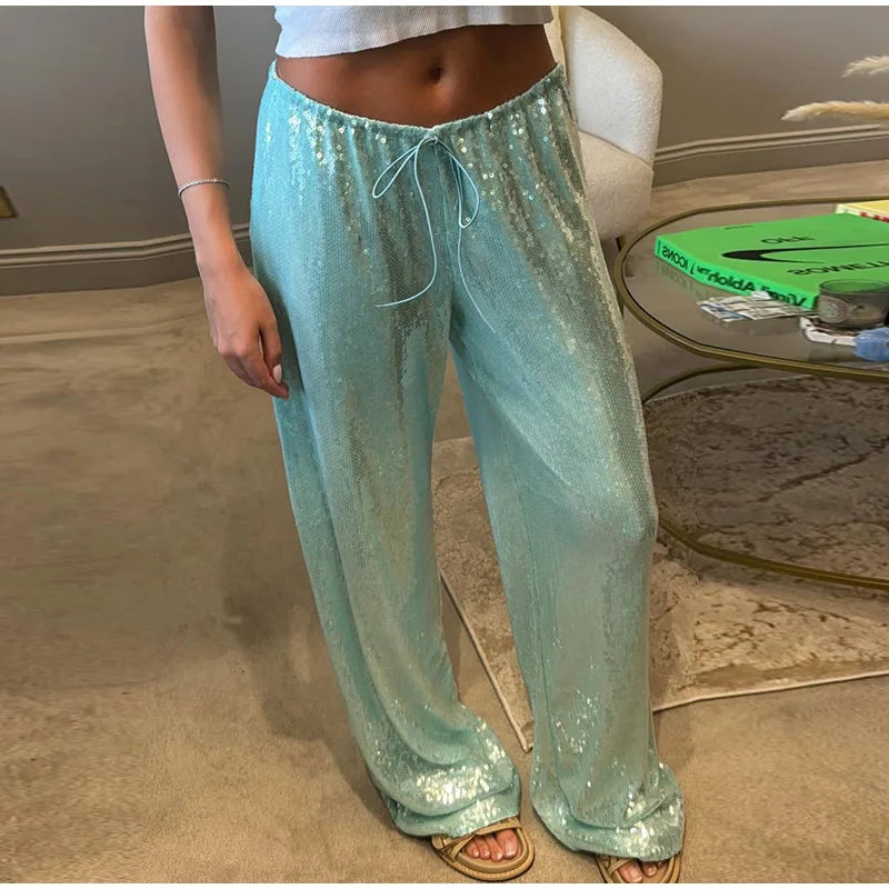 Street Sequin Loose Lace Up Pants Women Elastic Waist Wide Leg Trousers Female 2026 Spring Summer Lady Shiny Party Club Clothes