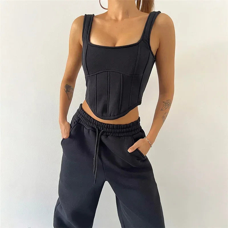 Women Solid 3 Piece Tracksuit Set Cropped Hoodie Corset Waist Vest Wide Leg Pants Casual Autumn Lady Streetwear Matching Outfits