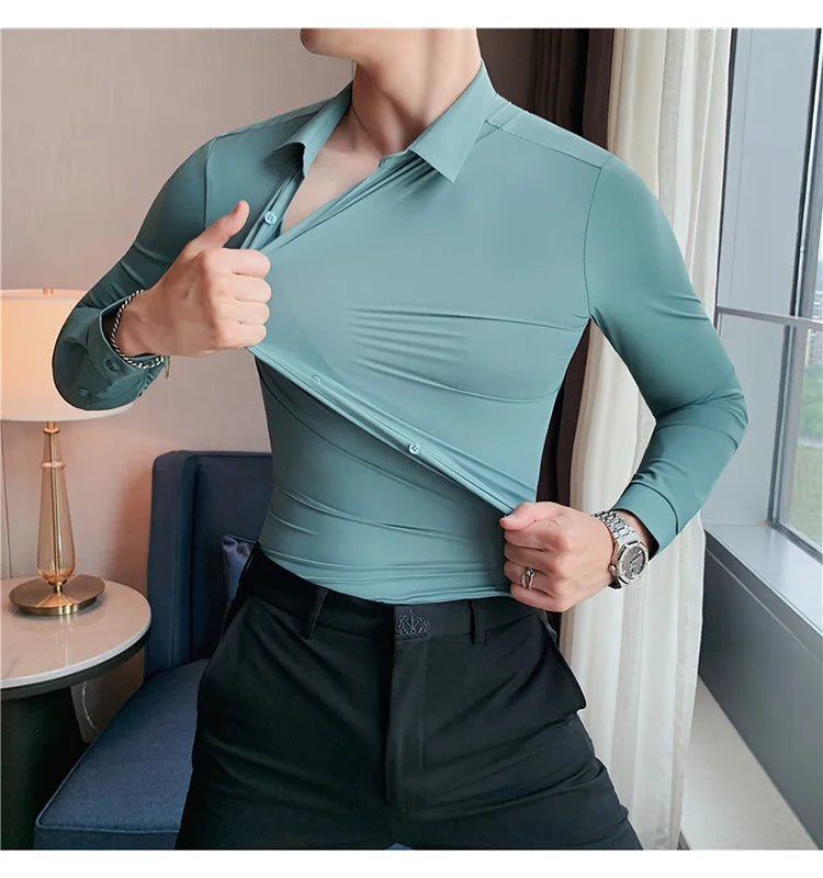 Men's Ultra Stretch Seamless Long Sleeve Shirt Top Quality Business Casual Breathable Stretchable Solid Color Formal Dress Shirt