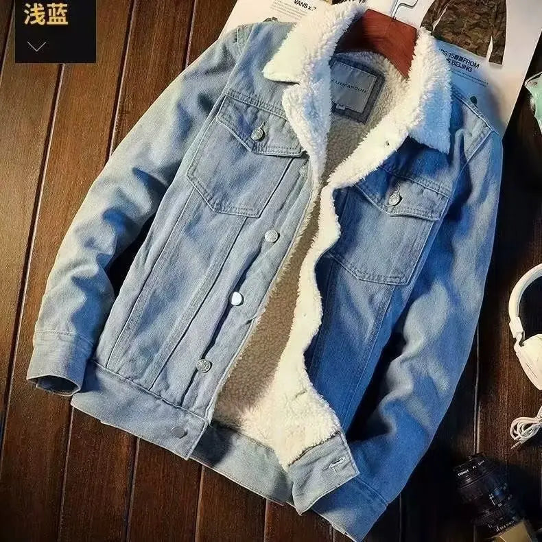 Men Winter Autumn Jacket Denim Inner Fleece Thicken Winter Jeans Jacket Coat Men's Turn-down Velvet Jacket Mens Fur Parkas