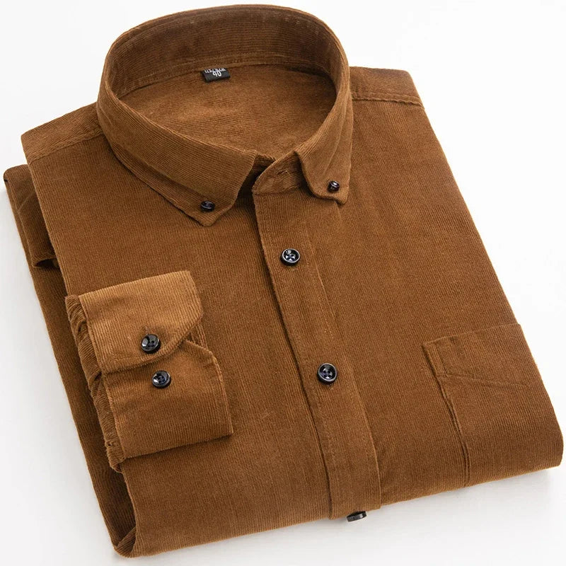 2025 Cotton Corduroy Casual Warm Solid  Shirt Long Sleeve Winter Regular Fit Mens Men's Shirts with Pokets