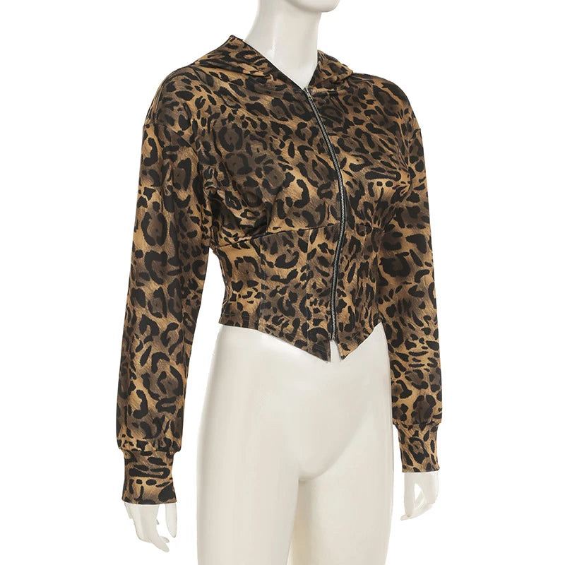 BKLD Women's Classic Hooded Long Sleeved Patchwork Irregular Sexy Zip Up Corset Short Jacket Street Style Leopard Coat Outerwear