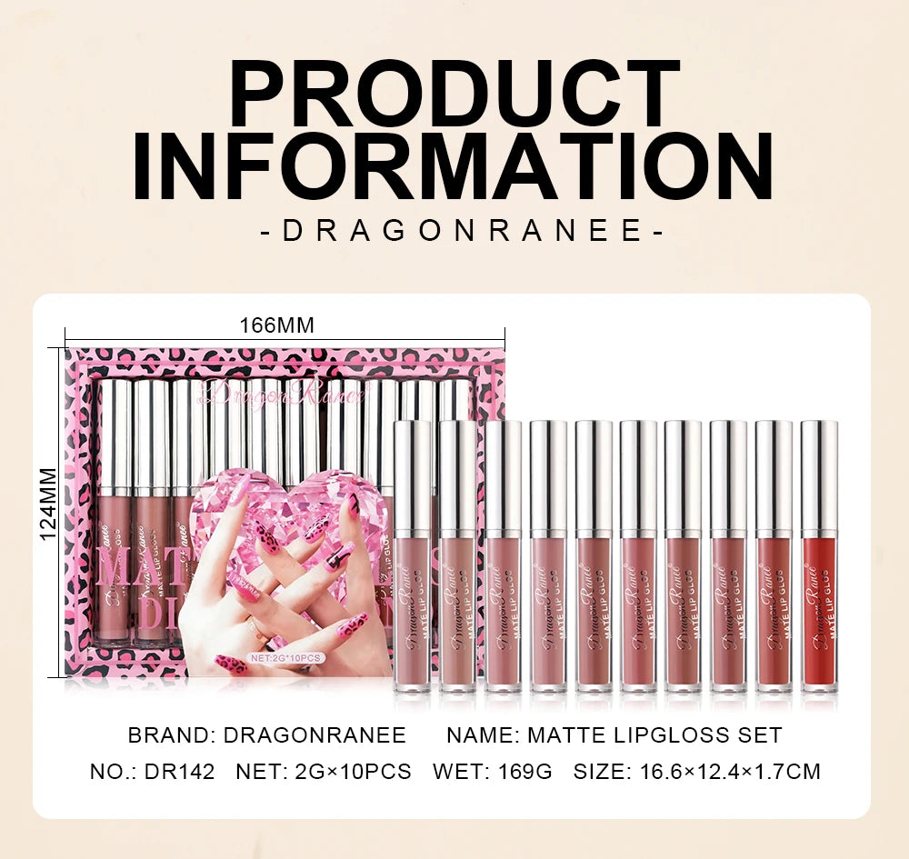Lip Gloss Set of Ten in a Box, Velvet Soft Matte, Brightening, Versatile, Moisturizing Lipstick, Nude Color, Long-Lasting, Non-Stick, Non-Fading Lip Gloss
