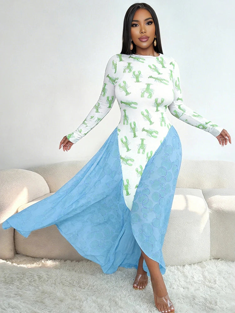 Sisterlinda Contrast Design Dress Women Crayfish Print o-Neck Full Sleeve Sexy See Through Hem Fall Ruched Elegant Long Bodycon