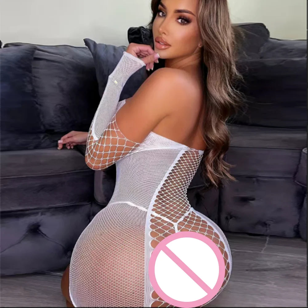 White Hollow Out Sheer Mesh Bodycon Mini Dress Summer Women's Bathing Suit Cover Ups Long Sleeve Swim Beachwear Top Sexy Outfits