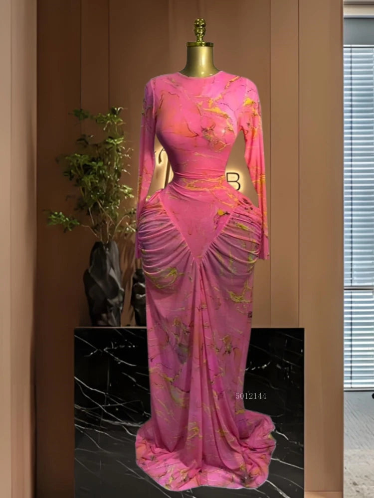 2026 Pink Women Tie Dye Printed Stacked Ruched Long Sleeve Midi Bodycon Maxi Long Dress Birthday Party Education Trendy Dresses