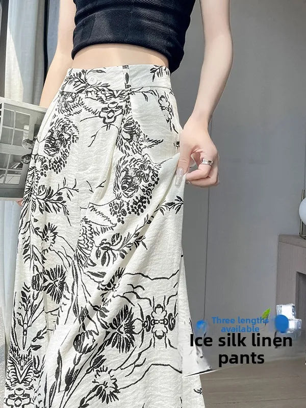 Summer Lazy Sle Wide Leg Pants Loose Floor-Length Ice Silk Women's High Waist Straight Tube Linen Cotton Blend Trousers
