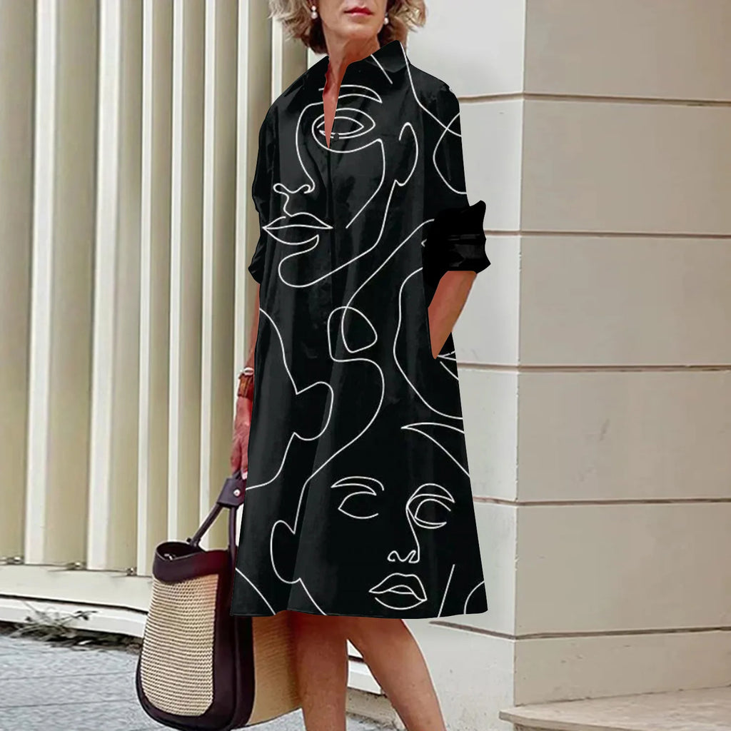 MCDV New Simple Women's Shirt Casual Queen Printed Long Sleeve Fashion Elegant Lapel Pocket Street Women's Dresses Noble Black