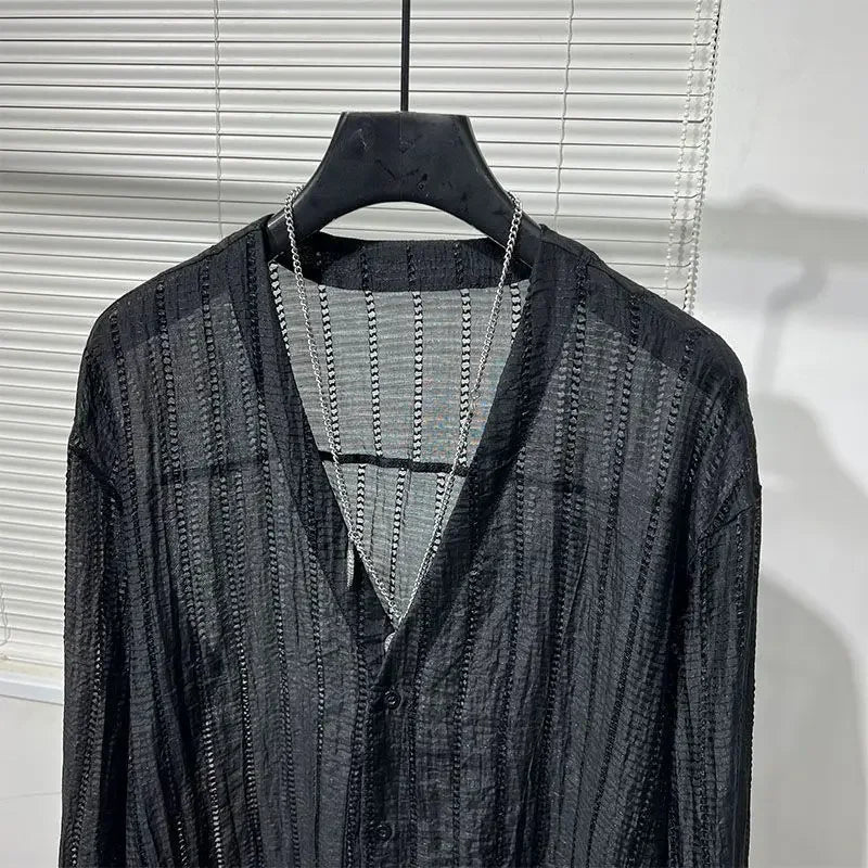 Simple Loose Hollowed-out Draped V-neck Loose Shirt for Men Solid Color Y2K Blouse Fashion Tops Chic Casual Male Clothes