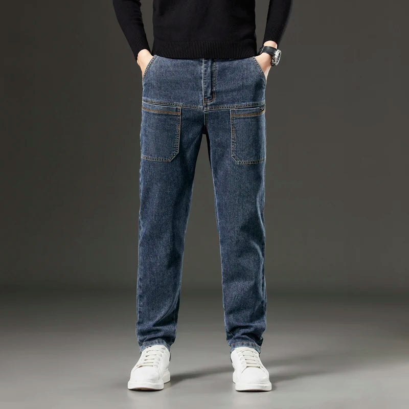 6 Pocket Design Denim Jeans Men's 2025 New High Elasticity Denim Casual Trousers Straight Male Pants Fashion Mid-waist Jeans