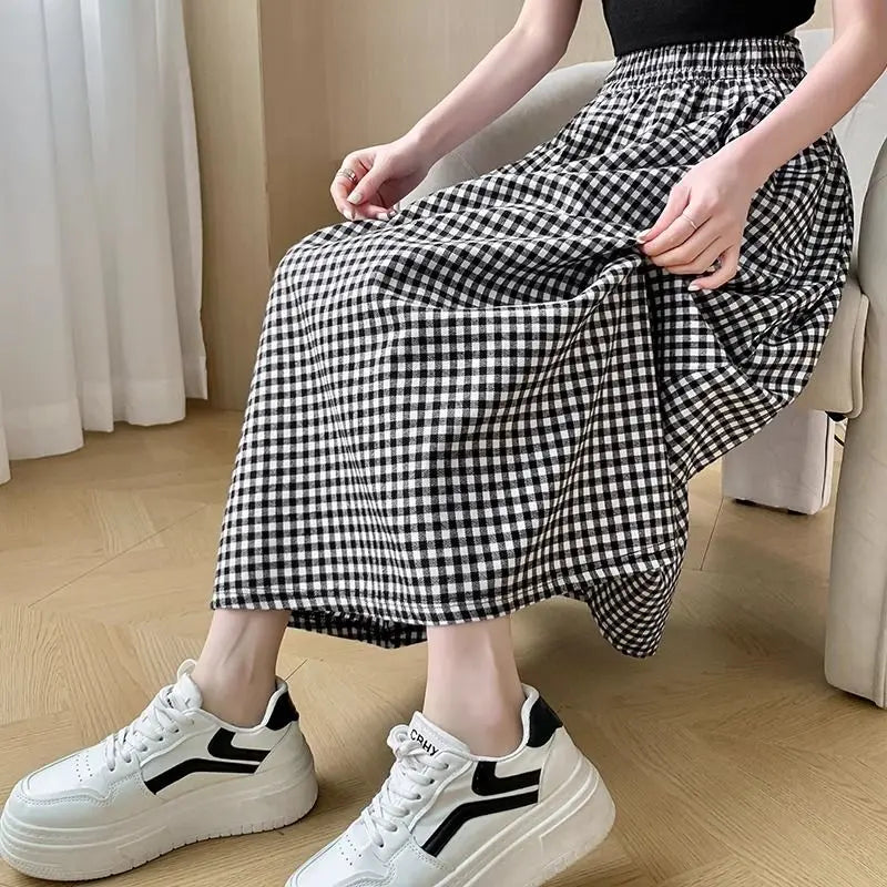 Black White Checkered A-line Skirt Women Summer Lightweight High Waisted Long Skirt for Petite Slimming Casual 2025 New