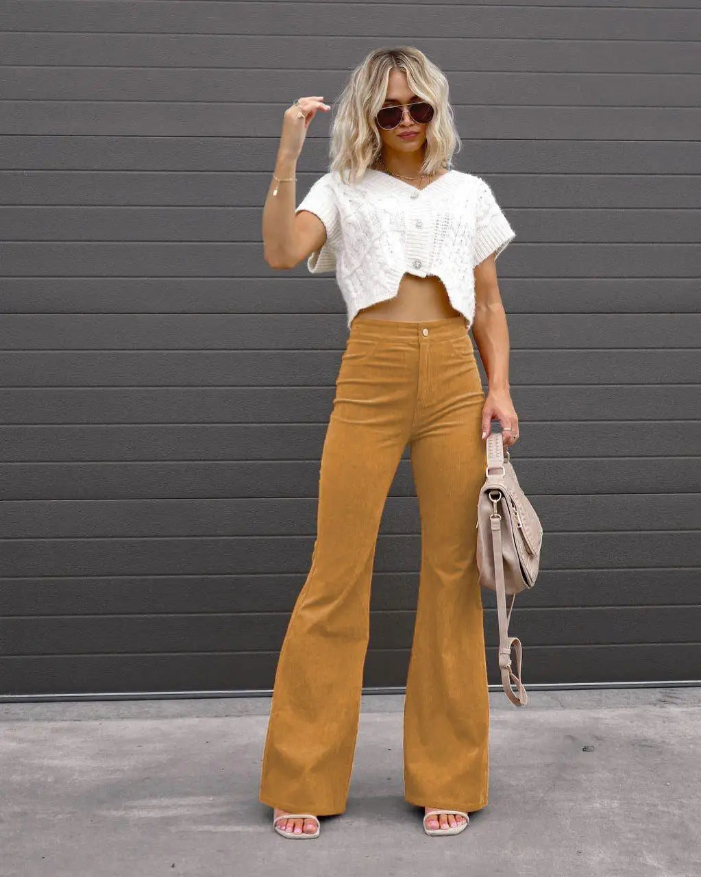 Fashionable Retro Women's Slightly Flared Pants Autumn And Winter Solid Color High Waist Button Slim Pants For Dating And Office