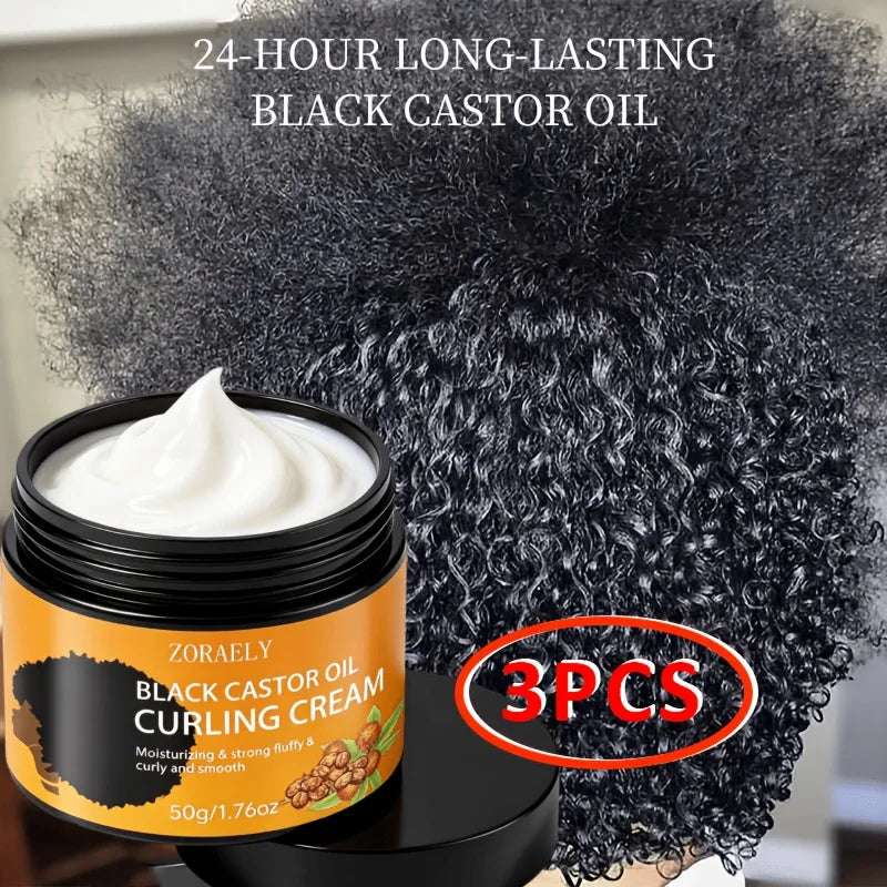 3pcs ZORAELY Black Castor Oil Curl Cream: Moisturising and Elasticity-Boosting, Ideal for Afro-Textured Hair, Braids and Twists.