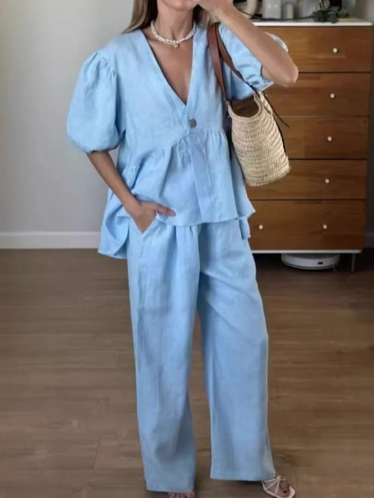 Elegant Solid 2 Piece Sets Women New Fashion Puff Short Sleeve V-Neck Button Top Wide Leg Pants Suit Casual Streetwear Outfit