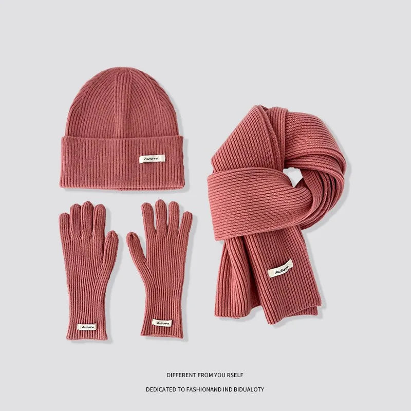 Knitted Winter Scarf Woman Solid Color Hat Scarf Gloves Women's Windproof Adult Three-piece Set Fashion Women's Scarf Hat Set