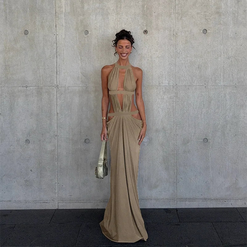 Halter Cut-Out Draped Super-Cut Back Bare Elegant Party Maxi Dress Waistless Backless Sleeveless Khaki Evening Prom Long Dress