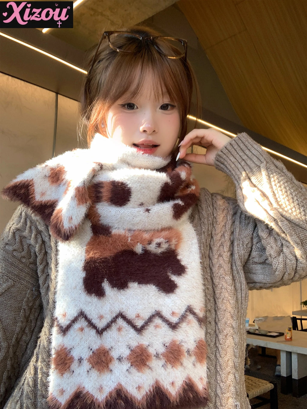 Japanese Cute Lolita Cartoon Red Panda Plush Scarf Female Autumn Winter Thickened Warm Versatile Maillard Neck Scarf 2025 New