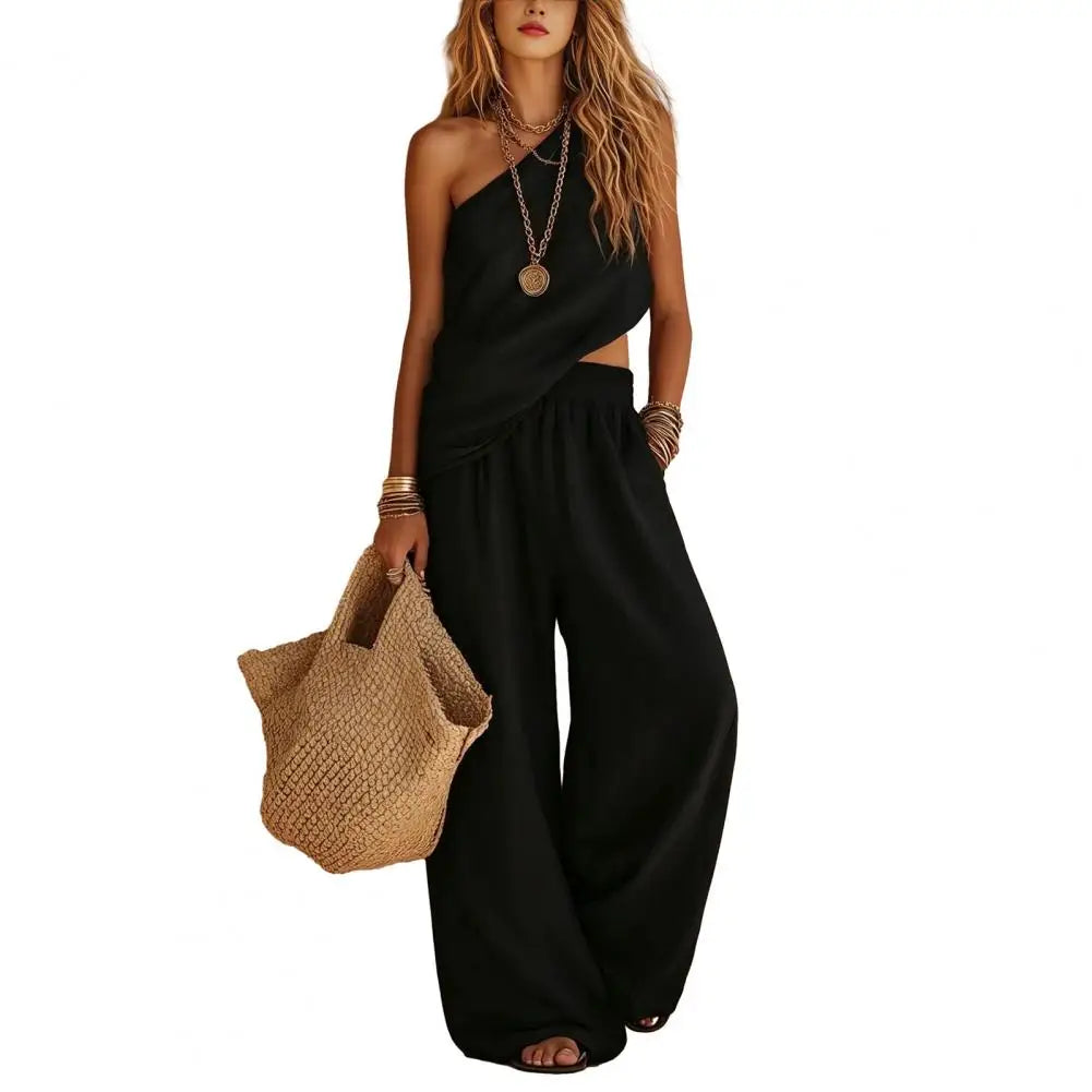Cotton Linen 2 Piece Sets , One Shoulder Sleeveless Wrinkle Resistant Top Wide Leg Pants , Summer Vacation Lounge Outfits