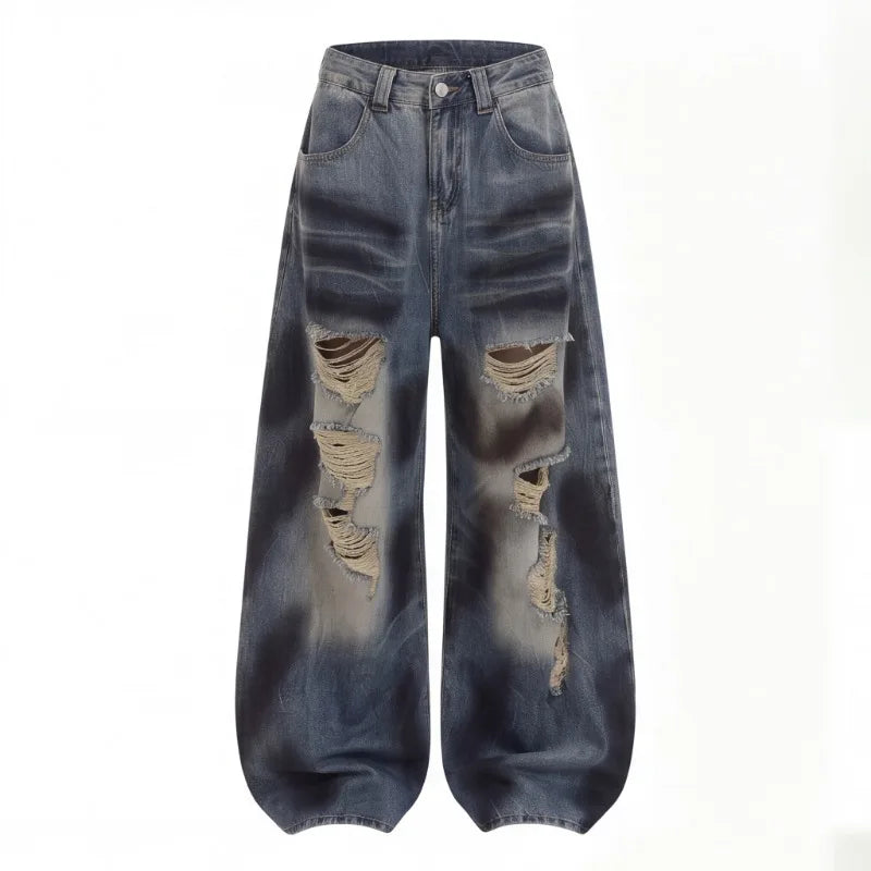 Women Summer Autumn Ripped Wide Leg Floor Length Jeans American Vintage Loose Slim Fit Design Casual Long Denim Trousers