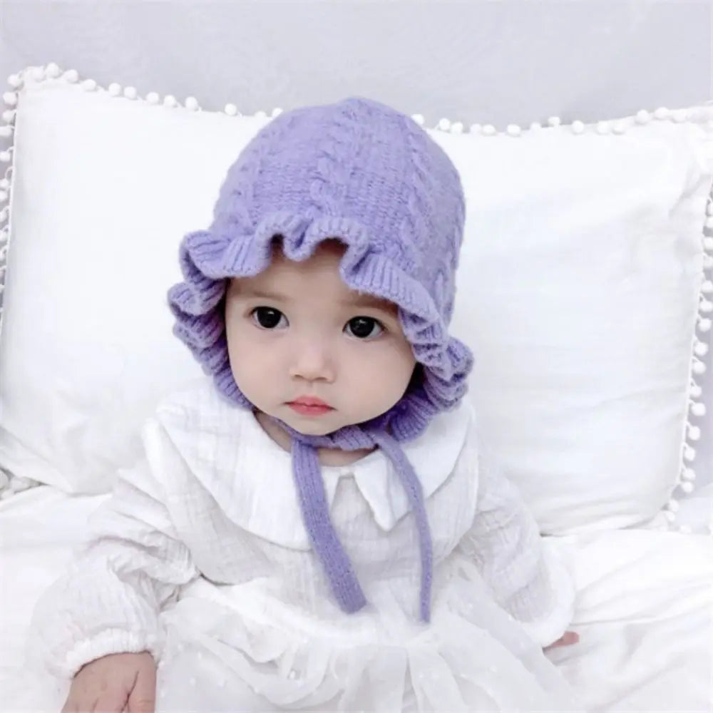 Infant Hat Winter Girl Baby Hooded Hat Autumn and Winter Ear Protection Warm Woolen Hat Lace Girls Knitted Hat 0-2Years