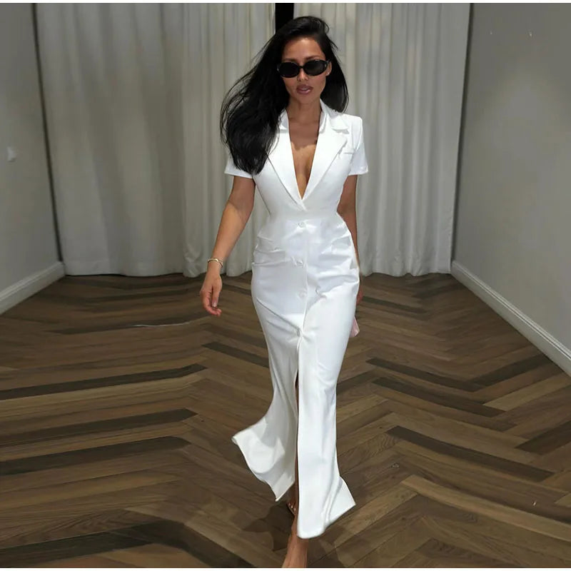Fashion Lapel Short Sleeve Dress Women's Solid Color Single Breasted Slit Midi Dresses 2026 Summer New Lady Elegant Office Wear