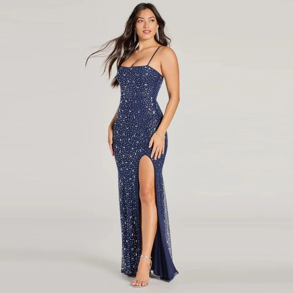 Light Luxury Nightclub Party Sexy Suspender Dress Spring and Summer New Women Fashion Bright Diamond Side Slit Hip Hugging Dress