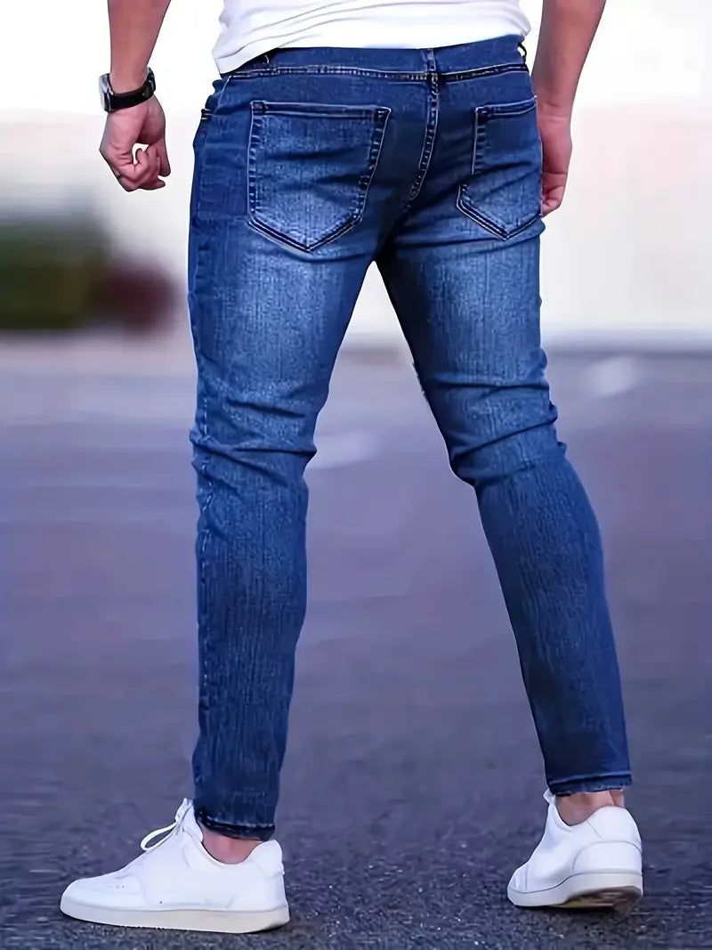 Men's Slim Fit Stretch Denim Jeans with Ripped Detail & Contrast Stitching, Fashion Streetwear Casual Trousers for Daily Wear