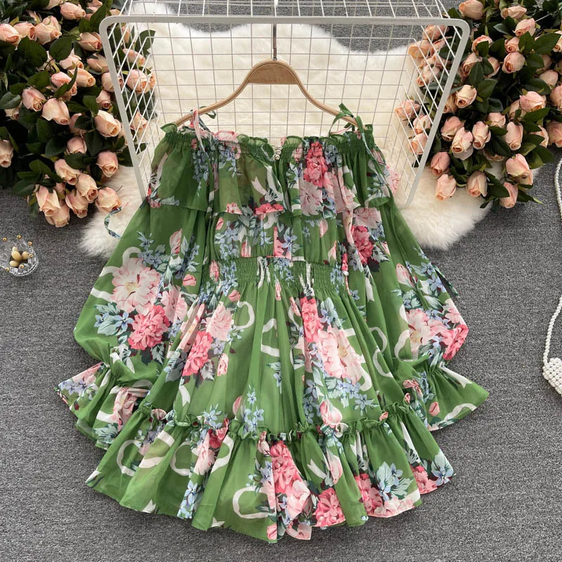2025 New Retro Summer Beach Vacation Dress Women Sexy Strapless Lantern Sleeve Sweet Floral Jumpsuit Short Chiffon Print Dresses