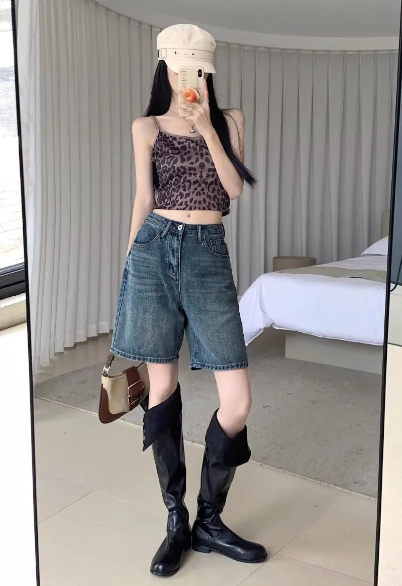 Denim Shorts Vintage High Waist Loose Fit Distressed Design Ins Style Sweet Spicy Girls All-match Casual Summer Streetwear Y2k