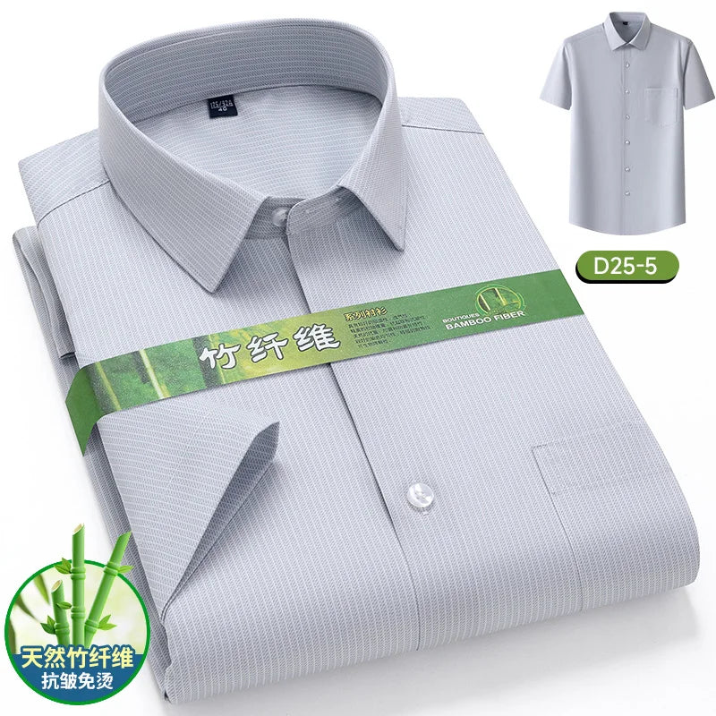 Men's Summer Bamboo Fiber Shirt Short Sleeve Lightweight Casual Breathable Soft Fabric Easy Care Slim Fit Business Casual Wear