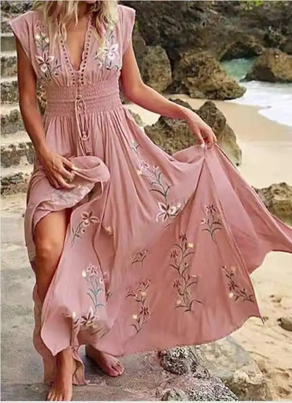 2026 Women's New Summer Fashion Women's V-neck French Beach Wave Casual Printed Dress for Women