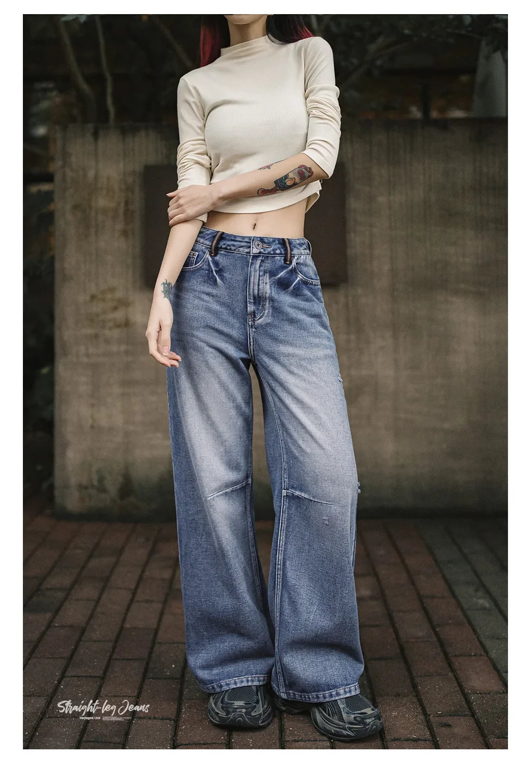 Maden Women's Vintage Low Waist Denim Jeans Heavyweight Washed Casual Long Pants with YKK Zipper for Spring and Autumn