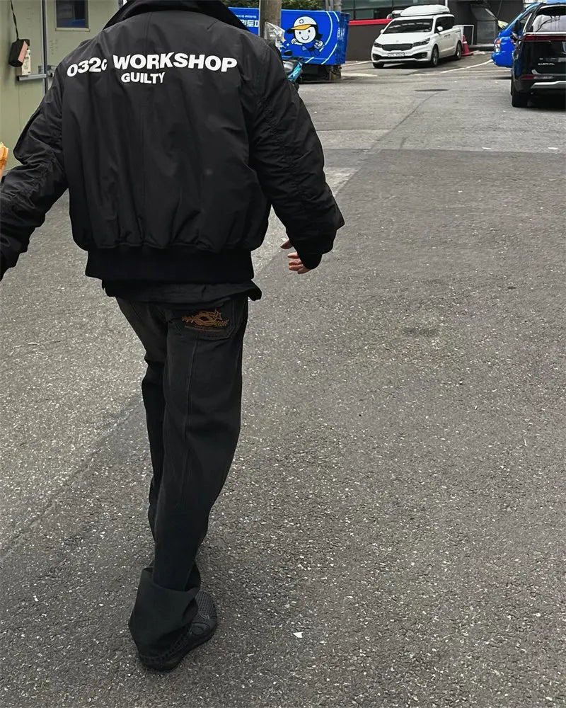 032C black silhouette short wide bomber zip multi pocket jacket