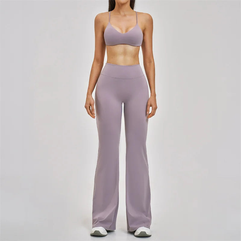 TRY TO BN Women's Tracksuit 2 Pieces Yoga Set Back Y Bra High Waist Leggings Flare Fitness Sportwear Workout Running Gym Clothes