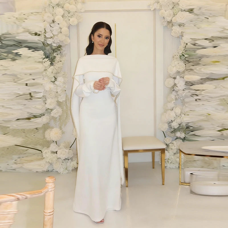 White Pearl Trim Cape Maxi Dress Women Elegant Long Sleeve Cinched Waist Muslim Robes 2026 Spring EID Abaya Lady Dresses