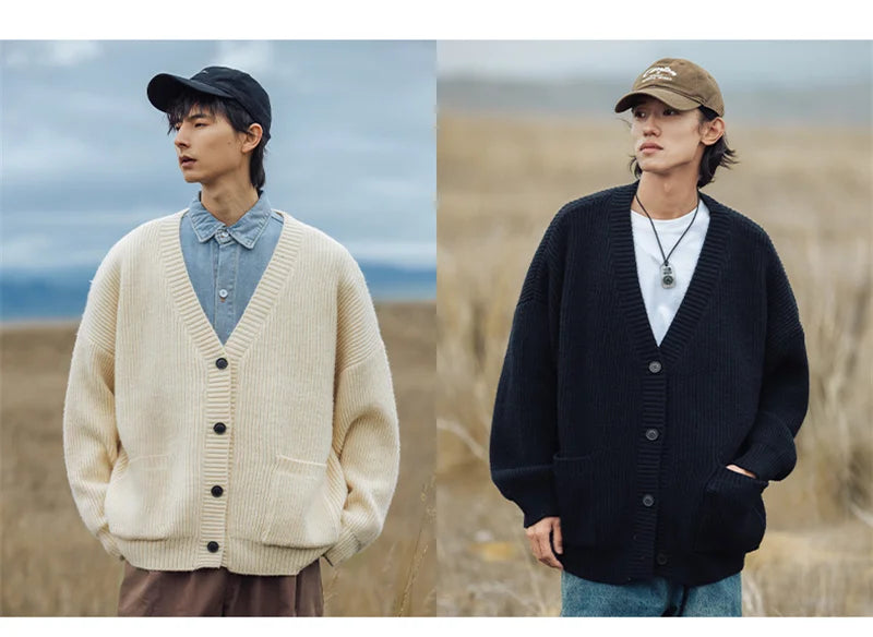 Autumn Men's Casual Textured Pockets Cardigan Y2K Vintage Streetwear V-neck Knitted Sweaters Korean Fashion Cardigans Hombre