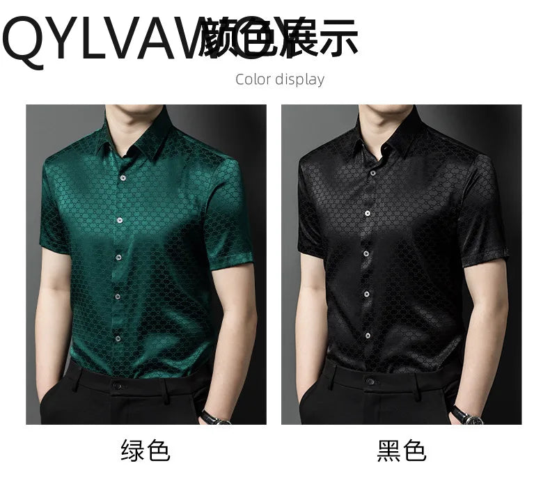 QYLVAWOY New Men's Shirts Summer Tops 92% Real Mulberry Silk Shirts Lapel Short Sleeve Stylish Clothes for Man Business Casual