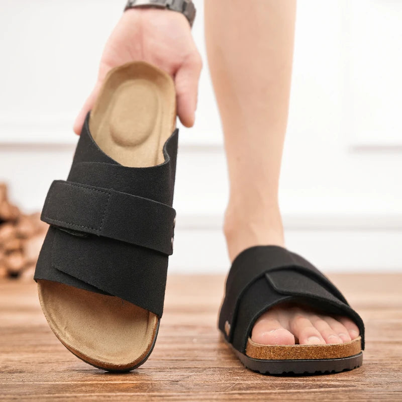Men's Cork Slippers Suede Leather Clogs with Open Upper Comfort Footbed Adjustable Sandals Slides Indoor Home Shoes Women Couple