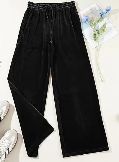 Women's High Waist Velvet Wide Leg Pants Drawstring Elastic Waist Loose Casual Trousers Autumn Winter Solid Color Long Pants B