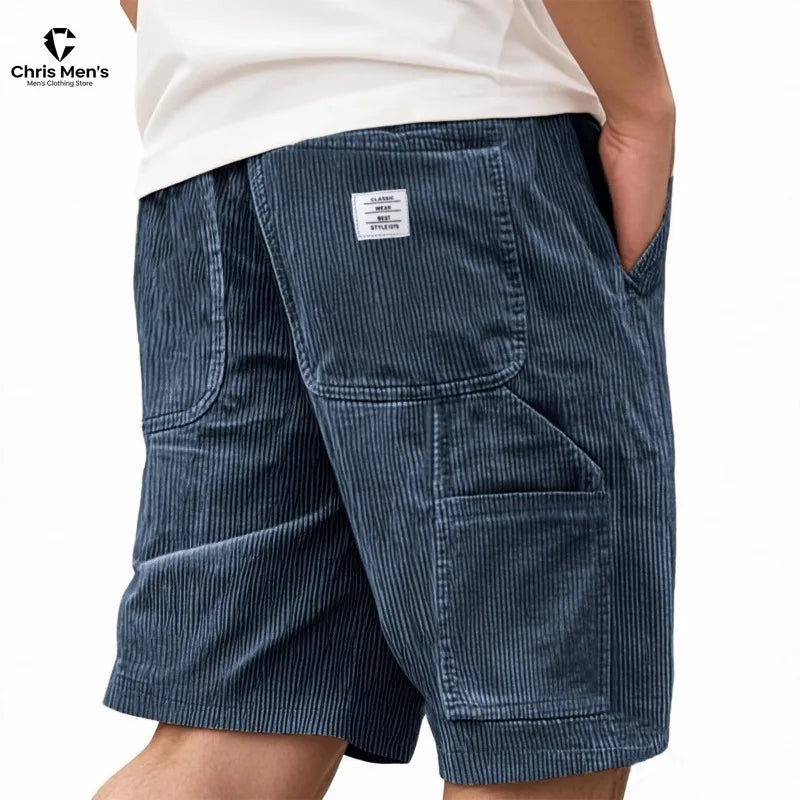 Men's Workwear Shorts Summer Casual Corduroy Loose Elastic Waist Multi-Pocket Leisure Pants Embroidery Retro Style Male Trousers