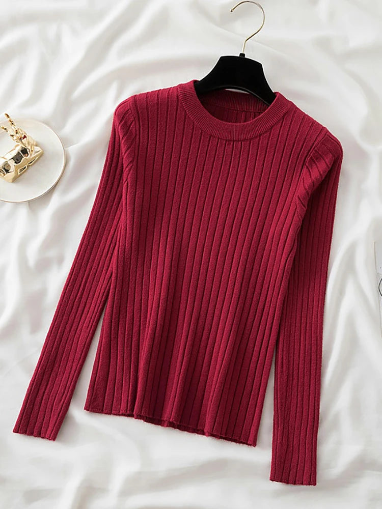 Women Pullovers Sweaters Knit Soft Jumper tops New Autumn Winter Tops O-Neck Ribbed Long Sleeve Korean Slim-fit Female Sweater