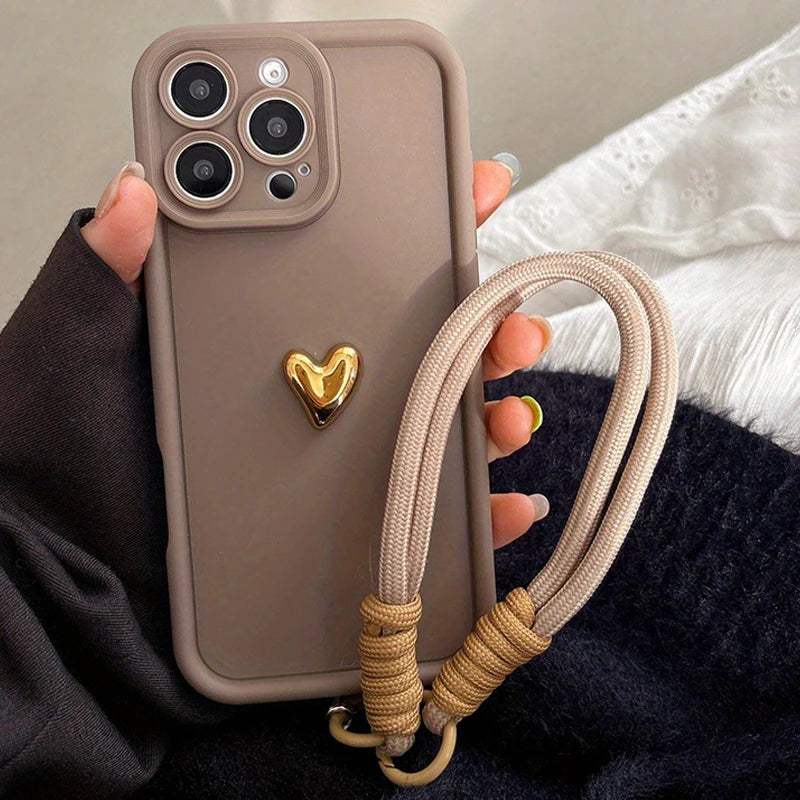 Cute Korean 3D Golden Love Heart Soft Case For iPhone 16 17 18 Pro Max 15 14 13 12 11 Pro 7 8 Plus Wrist Chain Hang Strap Cover