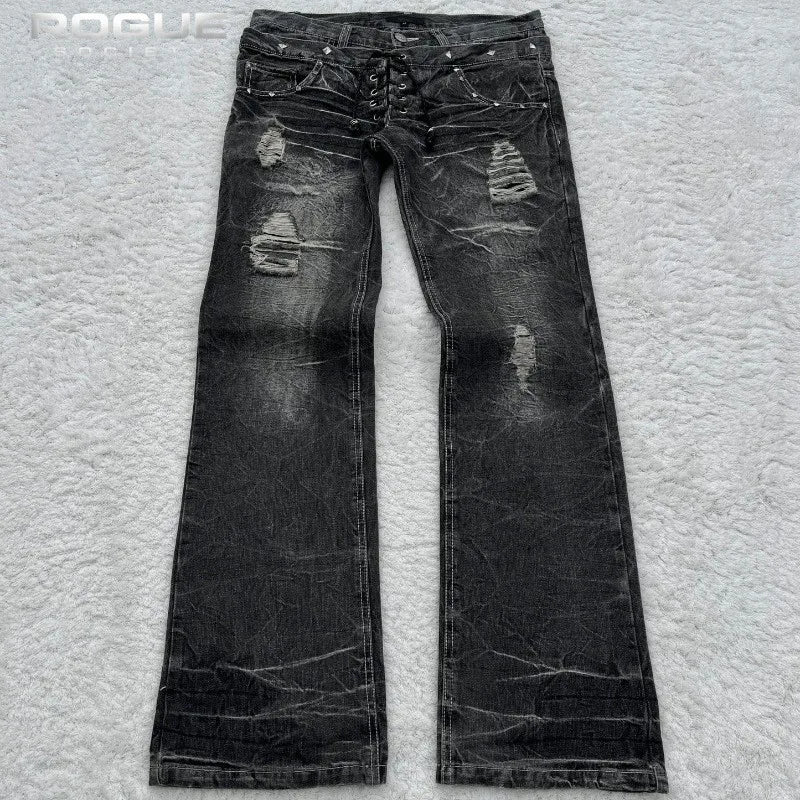Summer Streetwear Embroidered Flare Jeans Men Y2K Retro Gothic Punk Casual Harajuku Distressed Vintage Black Denim Pants Unisex
