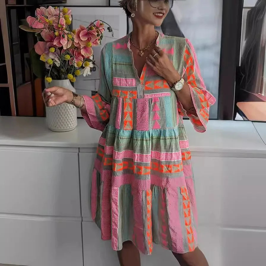 Women's Summer Loose Fit V Neck Three Quarter Flare Sleeve Printed Burnout Cotton Linen Pullover Dress for Women with Boho