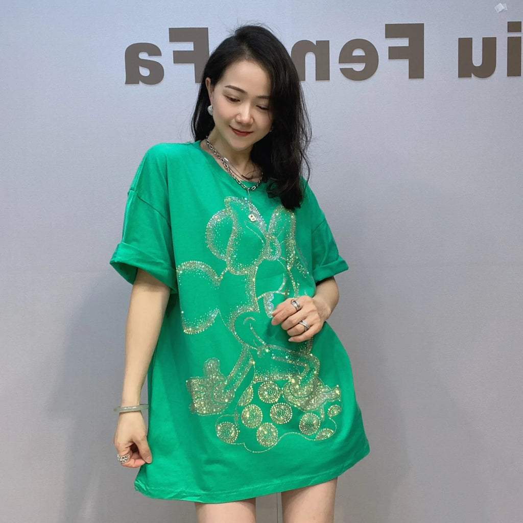 Loose Oversized T Shirt Women Rhinestones Cartoon Pattern Short Sleeve O Neck Pullovers Tops Tee Female Женская Одежда Plus Size